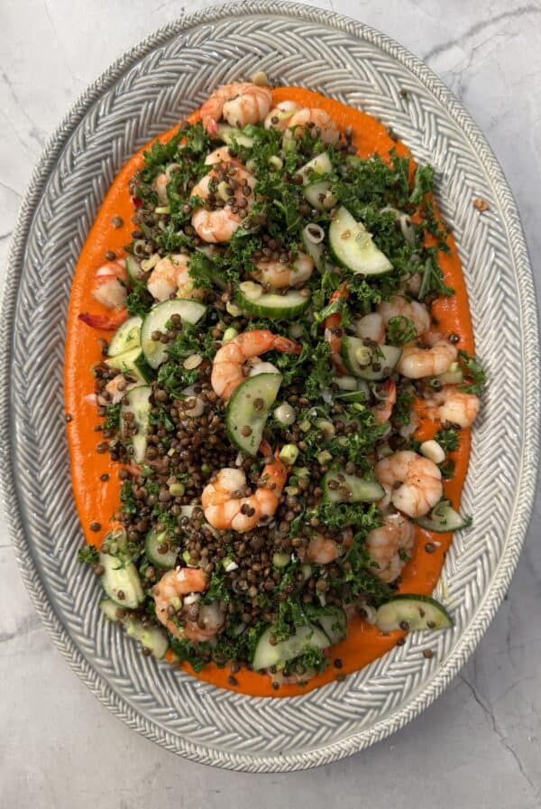 Crispy lentil salad filled with shrimp, cucumbers, and herbs on a decorative plate