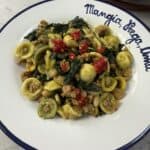 A plate of Sausage & Kale Pasta featuring orecchiette with savory sausage, tender kale, white beans, and vibrant red peppers, served on a white plate with a blue rim and Italian writing along the edge.